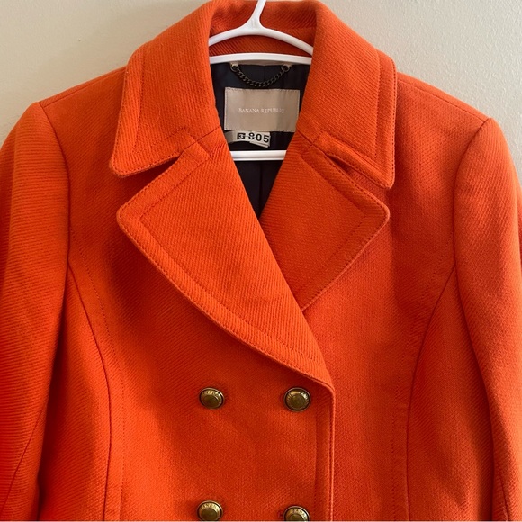 Banana Republic Vibrant Orange Pea Coat w Gold Buttons – Size Medium GUC - Picture 3 of 16